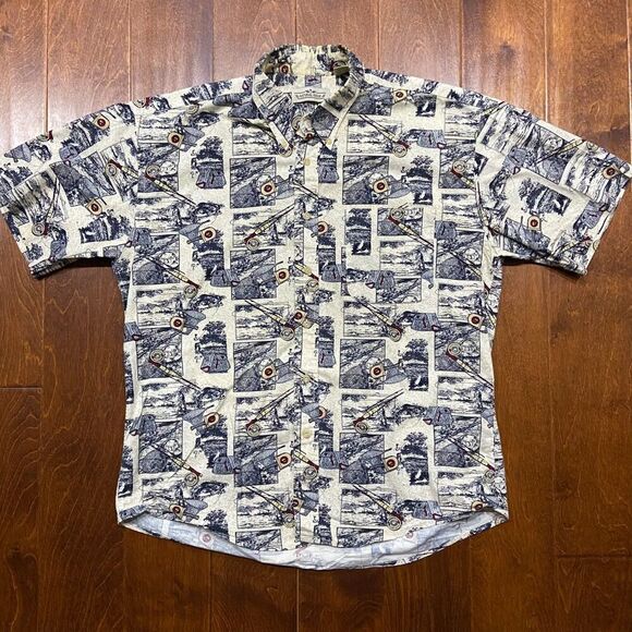 Natural Issue Vintage Fishing AOP Cream Navy Button Front Shirt Men's Size Large - Picture 3 of 9